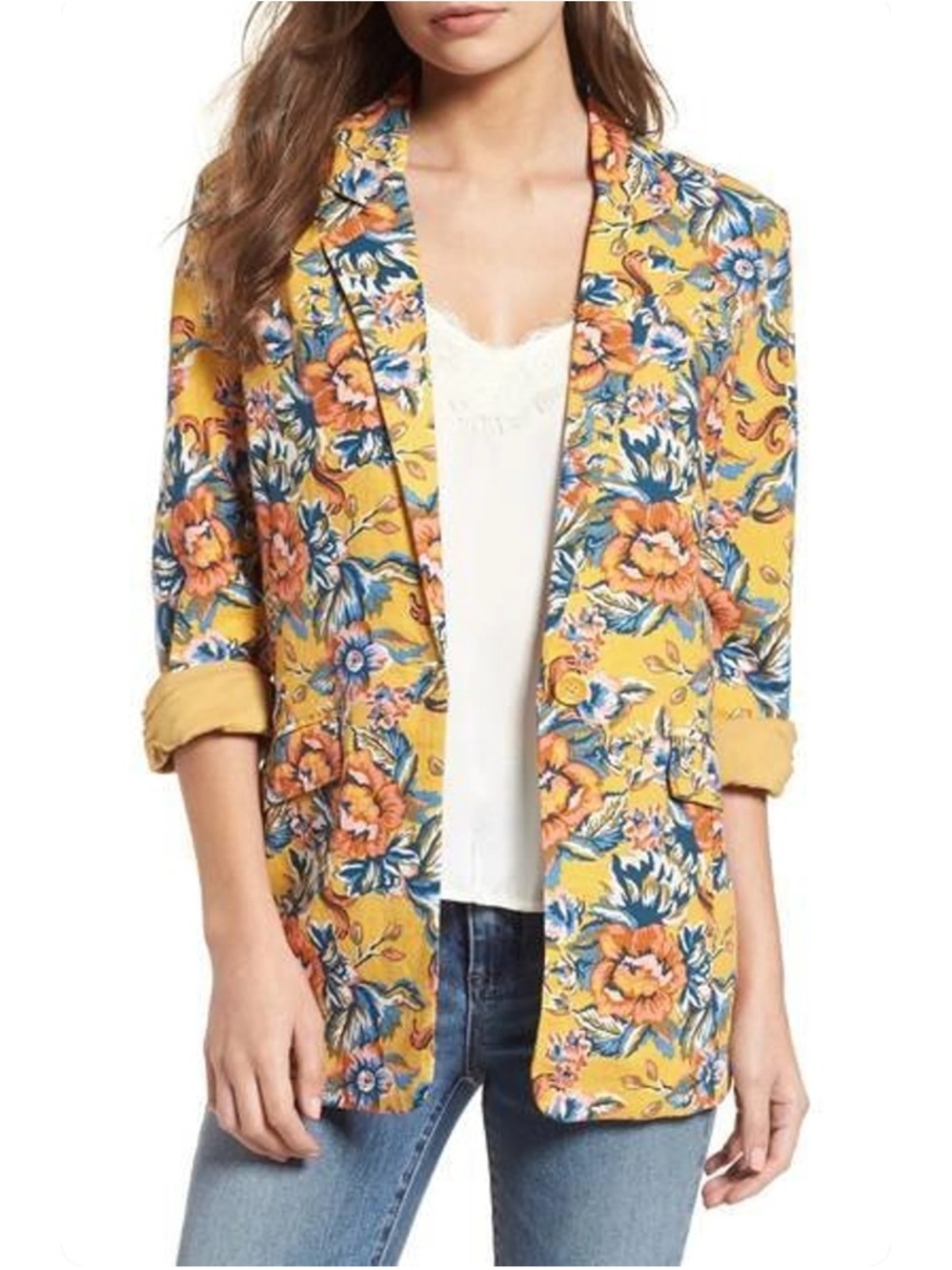 BP Yellow Floral Linen Blend Ruched Sleeve Blazer Jacket Small Boho Cottagecore